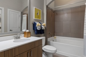 Bathroom with sink and shower at Elan City Center apartments in Downtown Raleigh