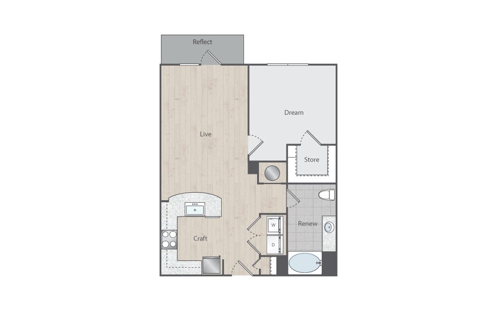 B1-HC - 1 bedroom floorplan layout with 1 bath and 750 square feet. (Floorplan)