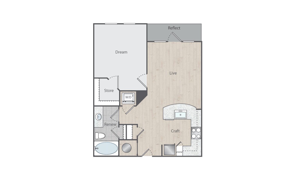 B5 - 1 bedroom floorplan layout with 1 bath and 684 square feet. (Floorplan)