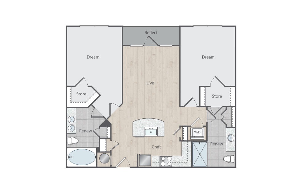 C1-2 - 2 bedroom floorplan layout with 2 baths and 1035 square feet. (Floorplan)