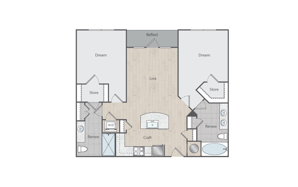 C1-3 - 2 bedroom floorplan layout with 2 baths and 1033 square feet. (Floorplan)