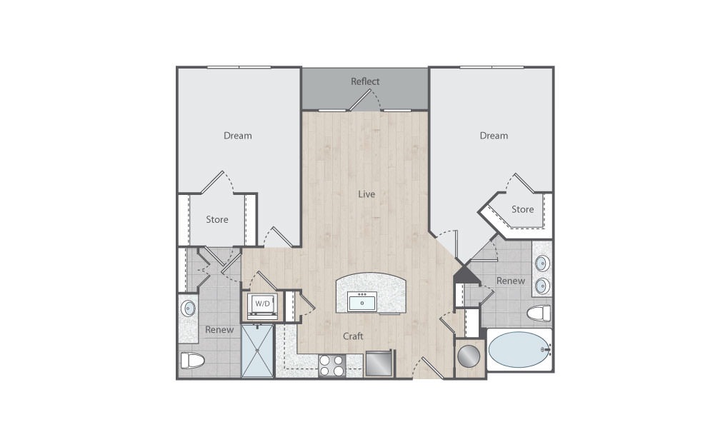 C1-5 - 2 bedroom floorplan layout with 2 baths and 1011 square feet. (Floorplan)