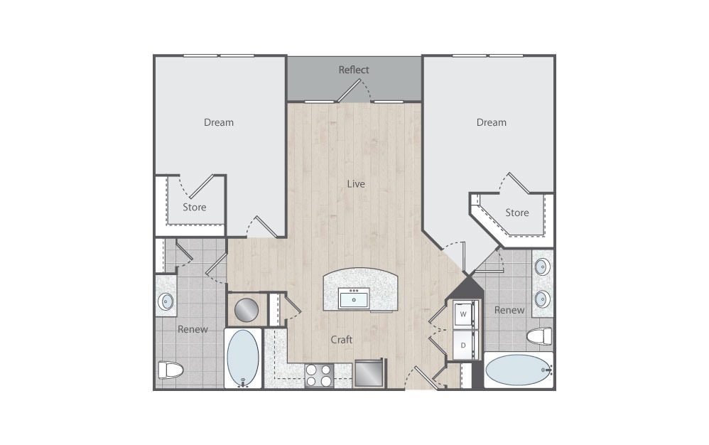 C1-HC - 2 bedroom floorplan layout with 2 baths and 1021 square feet. (Floorplan)
