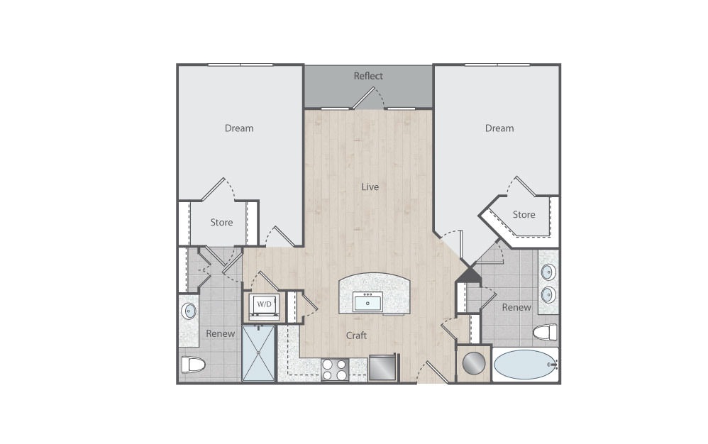 C1 - 2 bedroom floorplan layout with 2 baths and 1021 square feet. (Floorplan)