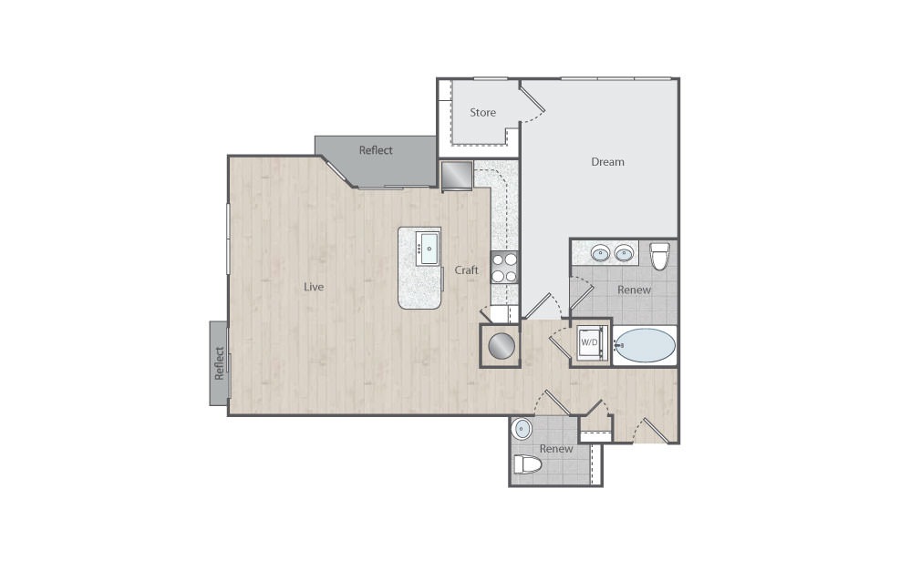 C2-1SRR - 1 bedroom floorplan layout with 1.5 bath and 950 square feet. (Floorplan)